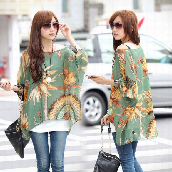 Lady Bohemian Style Batwing Sleeve Chiffon Beach Loose Shirt Blouse