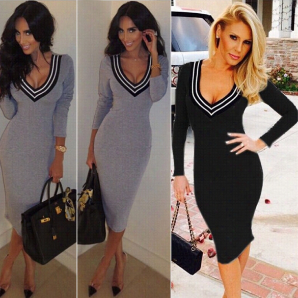 Lady Women's Casual Fashion Long Sleeve V-neck Dress Sexy Stretch Bodycon Long Dress