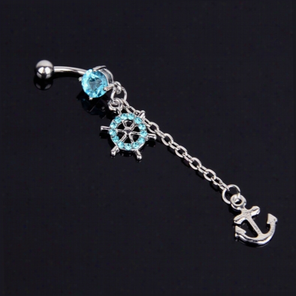 Navel Belly Button Ring Maritime Anchor Crtstal Rhinnestone Wheel Dangle Piercing