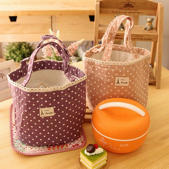 New Canvas Dot Thermal Insulated Lunch Box Tote Handbag Office Travel Picnic Meal Storage Bag