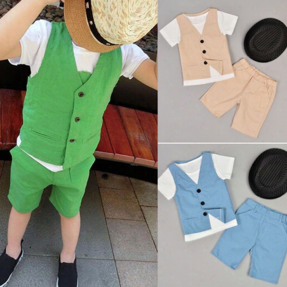 New Cute Kids Boys Three Pieces Clothing Set O-neck Sho Rt Sleve T-shirt And V Neck Ve St Tank Top With Pants