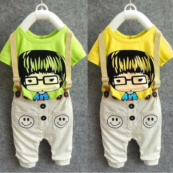 New Cute Kids Boys Two Pieces Clothing Sharpen Carton Print Short Sleeve  T-shirt And Buttons Suspender Pants