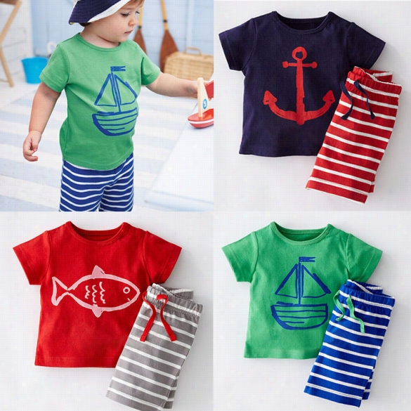 New Cuute  Kids Children Two Pieces O-neck Short Sleeve Print T-shirt And Striped Elastic Waist Shorts