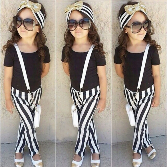 New Cute Kids Grlls Two Pirces O-neck Short Sleeve Solid Casual T-shirt And  Elastic Waist Striped Pants