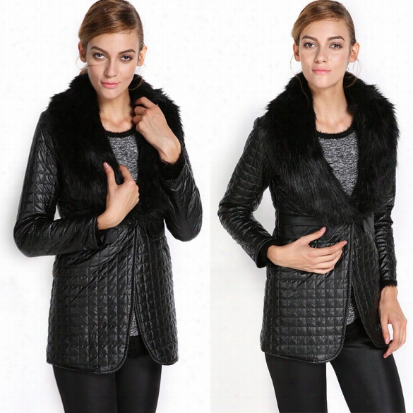 New Elegant Fasion Women's Long Sleeve Ssynthetic Leathher Fur Collar Coat Jacket