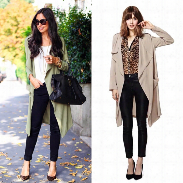 New Fashion Casual Loose  Long Sleeve Spllit Hem Irregullar Opcet Solid Trench Coat