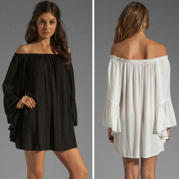 New Fashion Resort Solid Ruffle Sleeve Off Shoulder Mini Dress Long Shirts Blouse Tops White Black