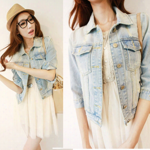 New Faashion Vinntage Women's Denim Short Jacket3 "4 Sleeve Uterwear Cool Coat