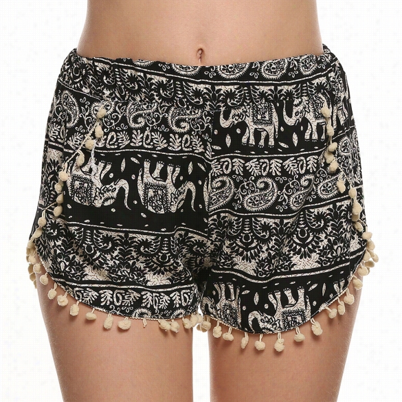 New Fashion Women Casual Looose Print Tassell Mini Sport Beach Shorts