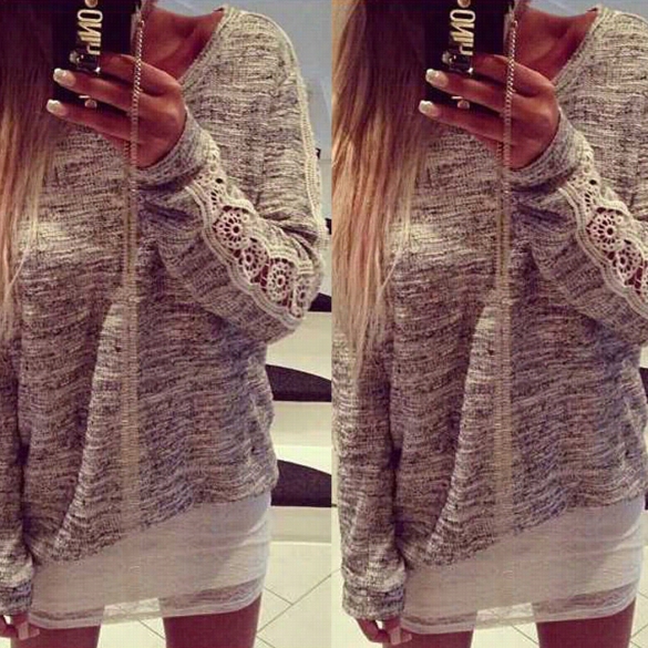 New Fashion Women Casual Round Neck Long Sleeve Crochet Hollow Lace Patchwork Pullover Juu Mpers