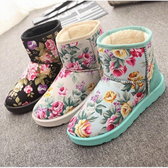 New Fashion Women's Casual Winter Floral Round Toe Flat Plush Thicken Short Snow Boo Ts