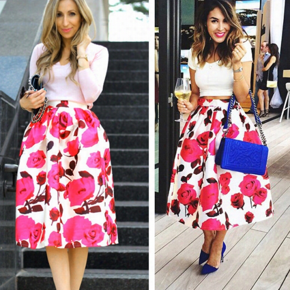 New Fashion Women's Retro Style Rose Red Flo Ral Printed Casual Party Pleated Midi Skirts