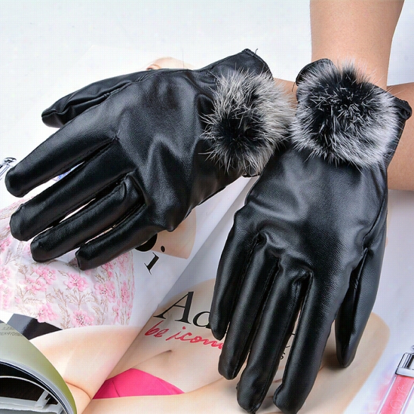 New Fur Faux Rabbit Fashio Nsort Design Women's Synthetic Leather Finger Gloves Winter Thickening Gloves