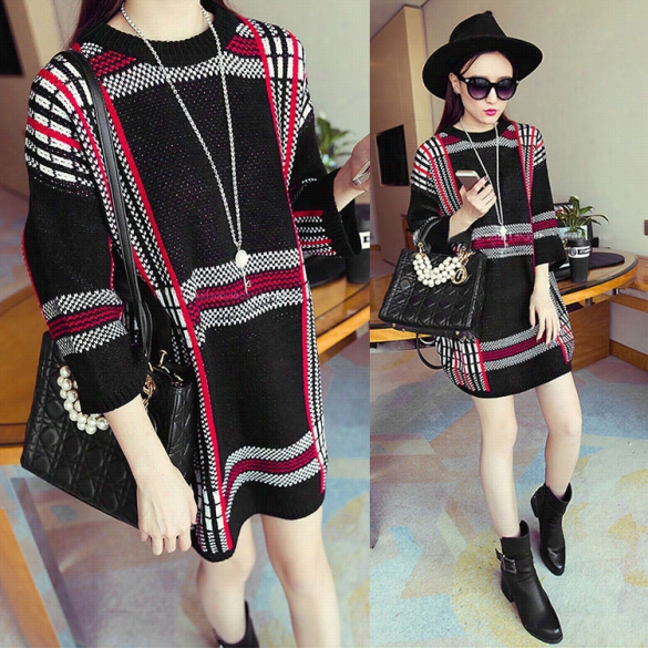 New Girls Fashion Geometry Printed 3"4 Sleevve Loose Knitted Casual Sweater Dress