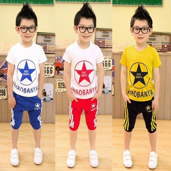 New Kidsboys Wear Short Sleeve O-neck T-shirt + Short Pant5 Two Piece Set Casual Outfit