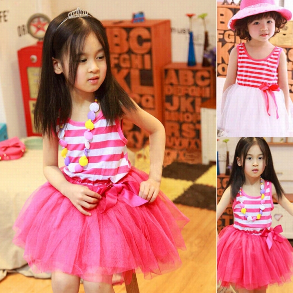 New Kdis Girl's Sleeveless Stripe Pattern Bowknot Cute Tulle Party Dress Sundress