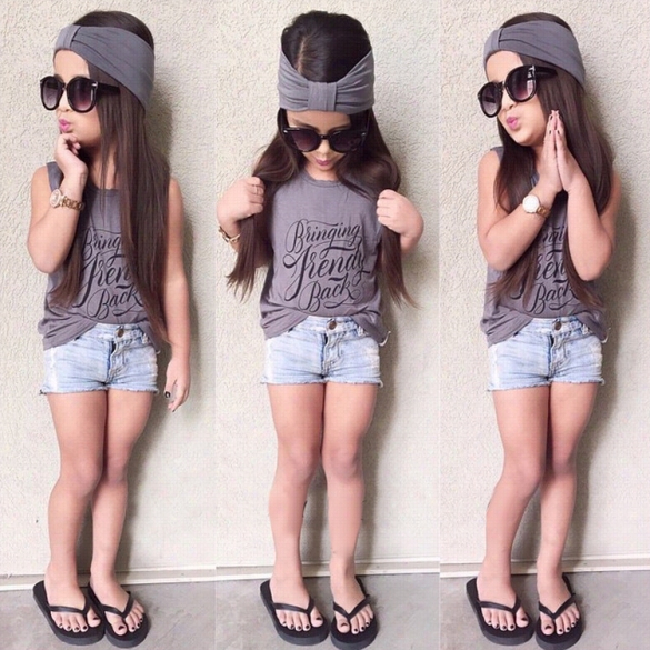 New Kids Girl's Wear Casual Sleeveless Print Tank Tops And Ednim Shorts Headband 3pcs Slim Outfit Sets