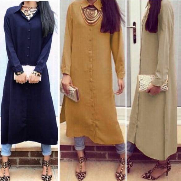 Repaired Ladies Sidess Plit Slit Long Sleeve Long Dress Women's Loose Shirt Dress