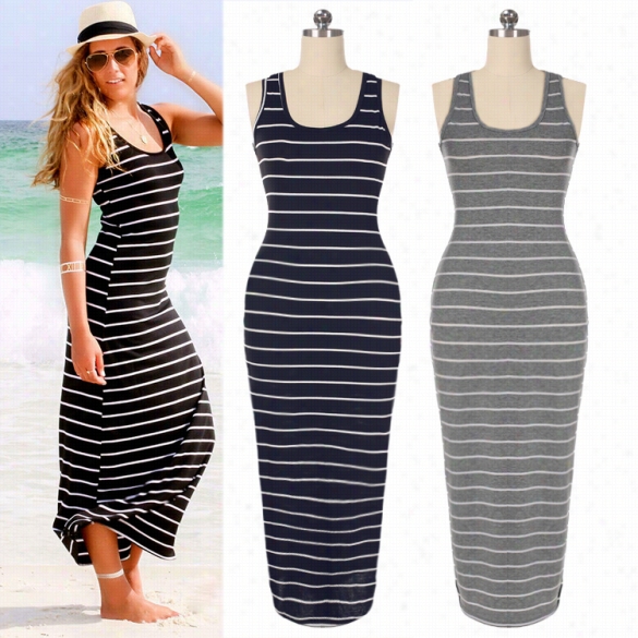 New Lady Women's Sexy Western Stule O-neck Sleeveless Striped Full Length Dress