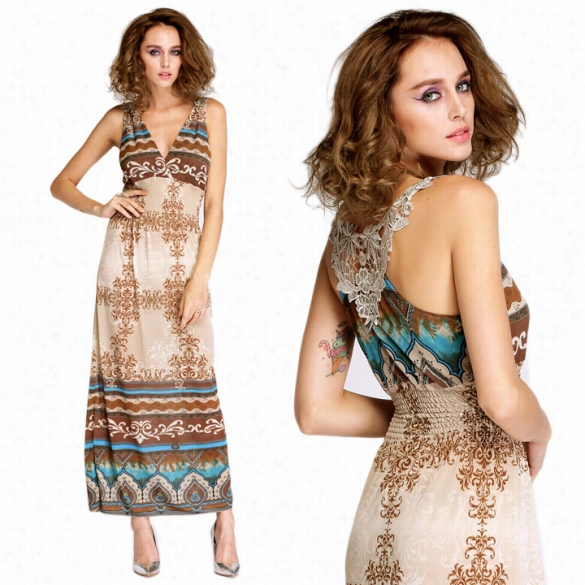 New Maxi Lace Abck Sexy Women Summer Bohemia V-neck Long Beach Dresses