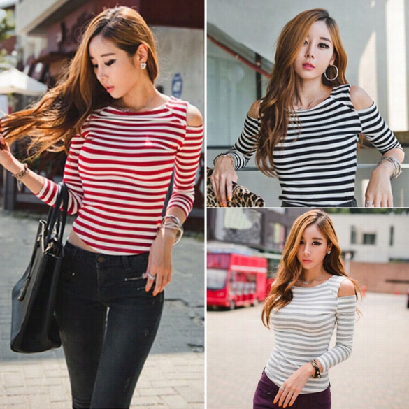 New Stylish Lady Womenn's Fashion Long Sleeeve O-neck Off-shoulder Tops Blous