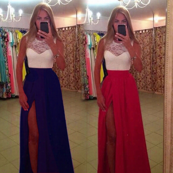 New Stylish Lady Women's Fashion Sleeveless O-neck Sexy Slim Lace Splicign Slit Dress