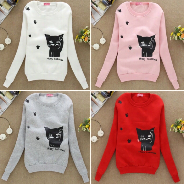 New Women Cat Impression Beaded Long Sleeve Sweatshirt Crewn Eck T Shirt Pulloveer Tops