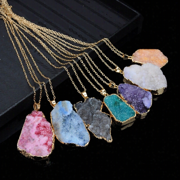 New Women People Of ~  Chain Natural Stone Crystal Geometric Sgape Pendant Necklace