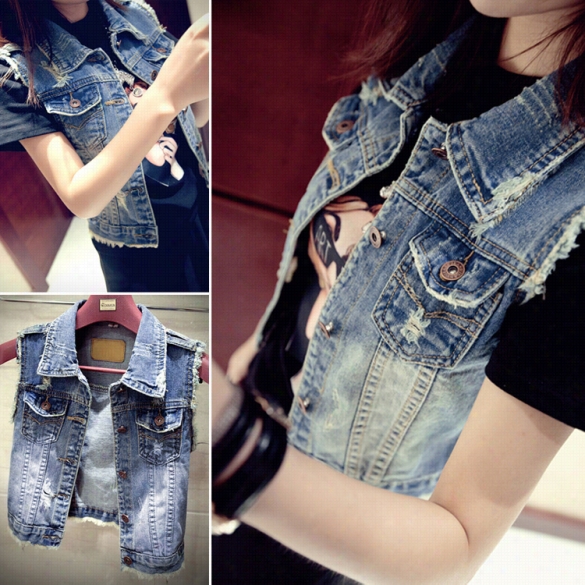 New Women  Fashion Short Vintage Style Waistcoat Coat Casual Outerwear Jean Vest