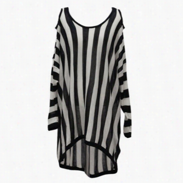 New Women Fashion Veryical Stripe Loose Off-the-shoulder Long Seeve Kniitting Shirt Dreesses
