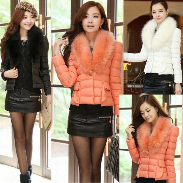 New Women Faux Fur Collar Slim Overcoat Parka Short Down Coat Jacket Outerwear