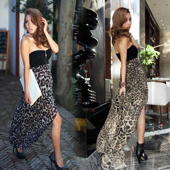 New Women Sexy  Chiffon Bust Ier Party Max1 Cocktail Evening Clu Dress Leopard Pattern