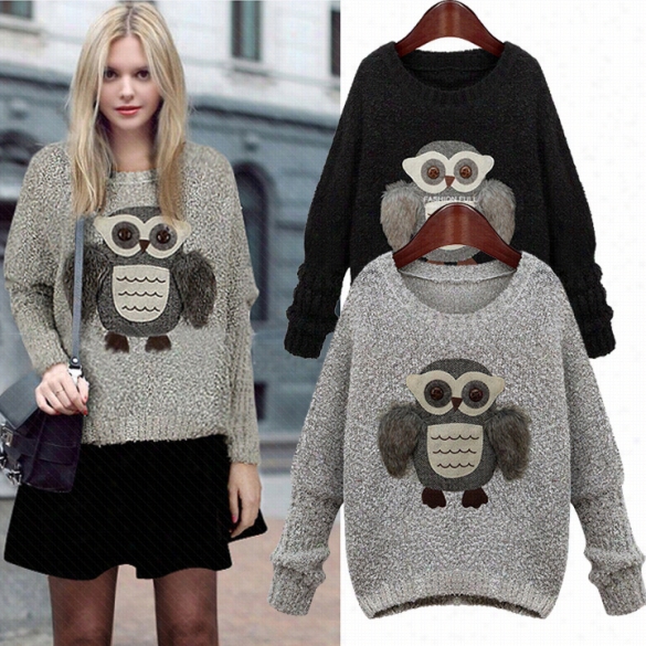 New Women's Bat Sleeve Crew Neck Owl Pattern Loose Sweater Casual Knit Wear Jumper