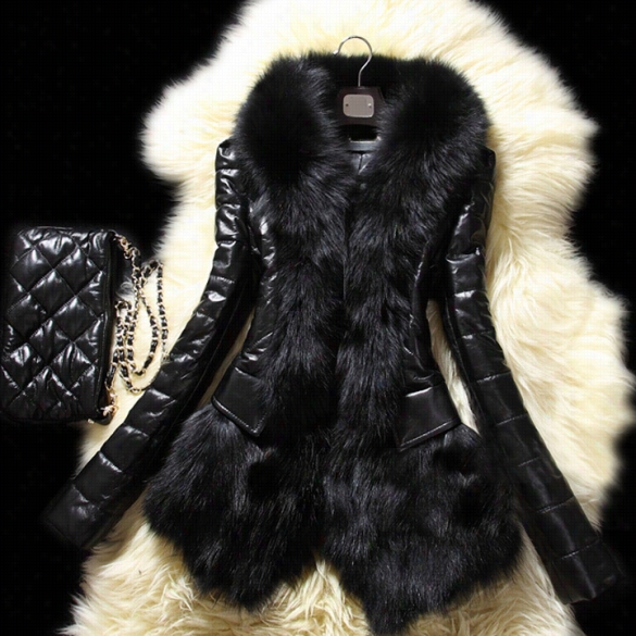 New Women's Fwshion Synthetic Leathr Jacket Coat + Faux Fur Coollar