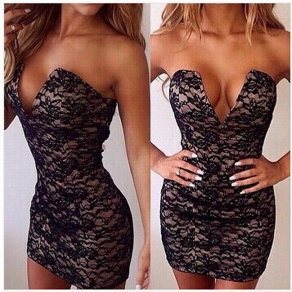 New Woomen's Sexy V-neck Lace Black Club Party Cocktail Mini Dress