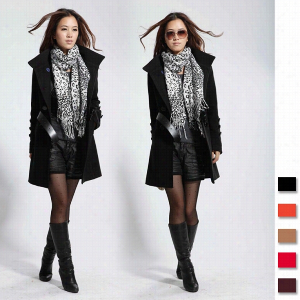 New Womens Wool Blend Double-breasted Trench Coat " Jacket With Belt