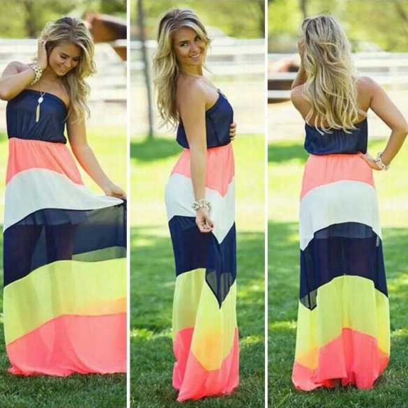 Sexy Women Strapless Long Dress Aptchwork Chiffon High Waist Maxi Dress