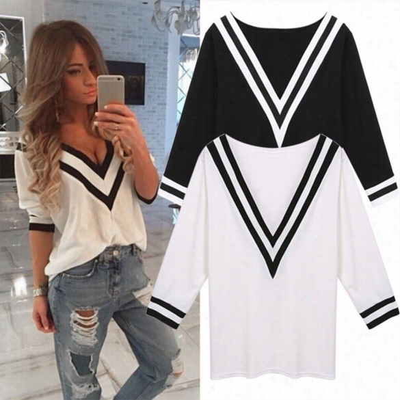 Sexy Women Pale Black Strip Edv  Neck Loose Tops 3"4sleeve Top Casual Blouse