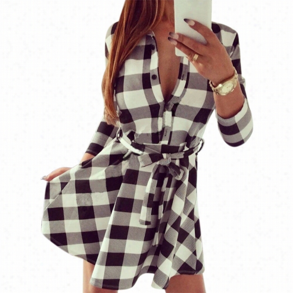 St Ylish Ladies Plaid Check Belt Shirt Skater Dress Women Lapel 3"4 Sleeve Slim Button Adorn