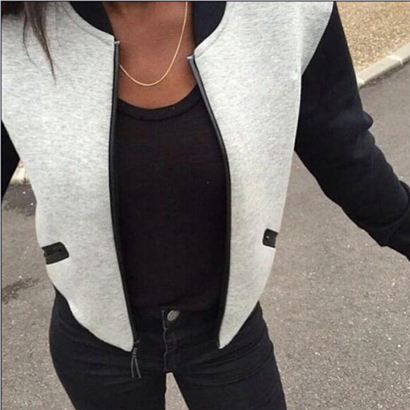 Stylish Ladiiees Women Casual  Contrast Color O-neck Long Sleeve Oouterwear Jacket Coat