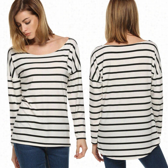 Stylish Ladies Women Caasual Looose Striped Top O-neck Lonng Sleeve Leisure Blouse