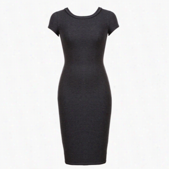 Stylish Ladies Women Casual Short Sleeve O-neck Below Knee Slim Bodycon Dress