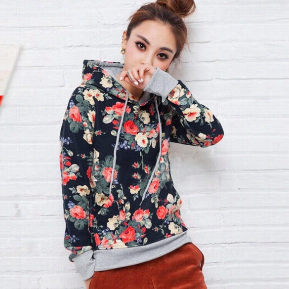 Stylish Ladies Women Fashion Long Sleeve Floral Pullover Spring Autumn Hoodie