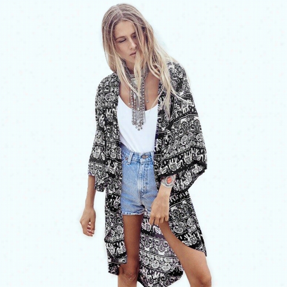 Stylishl Adies Women Sexy Loose Open Stitch Beach Print Thin Coat