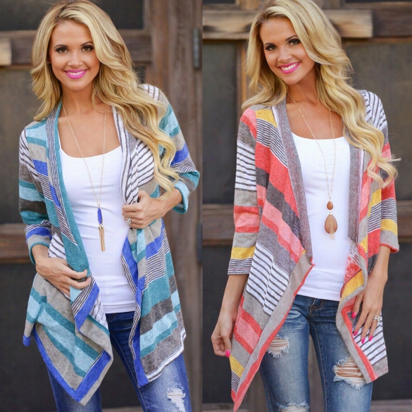 Stylish Ladies Women Stripe 3"4 Sleev Irregular Asymmetric Casuual Cardigan Coat Thin Outewrear Knitwear