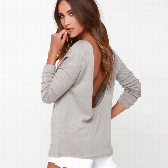 Stylish Lady Women Casual Sexy Round Neck Long Batwing Slleeve Backless Stretch Solid T Shirt Tops