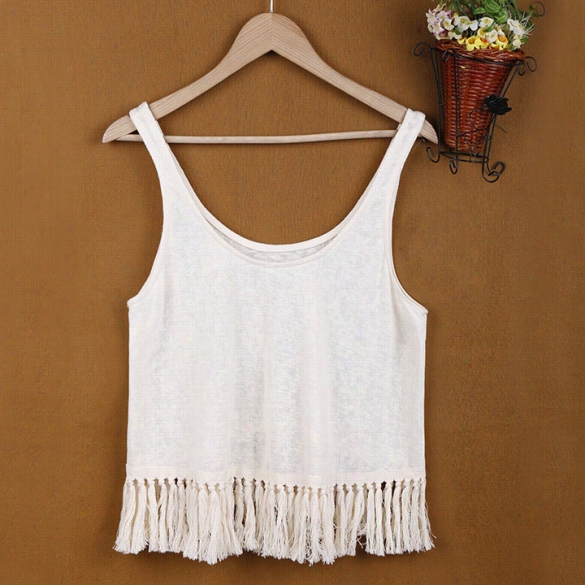 Stylish Lady Women O-neck Sleeveless Knitting Crop Tops Tassels Loose Casual Shortsv Est