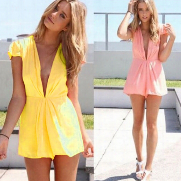 Stylish Lady Women Sexy Deep V-neck Narrow Sleeve Casual Club Chiffon Short Jumpsuit Romper