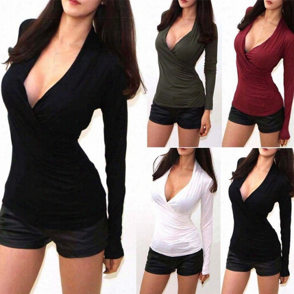 Stylish Lady Women Seexxy Low Cut Wrap Long Sleeve Fitted V-neck T=shirt Tops