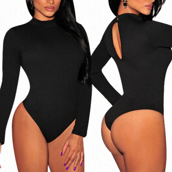 Stylish Lady Women Sexy Mock Neck Long Sleeve Stretch Short Bodysuit Slim Casual Club Tops